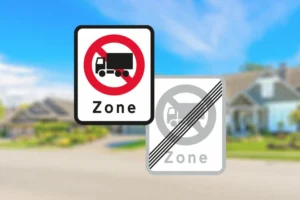 Seri Q Sign E68-5-69-5-Zone-med-lastbil-forbudt-med-ophør